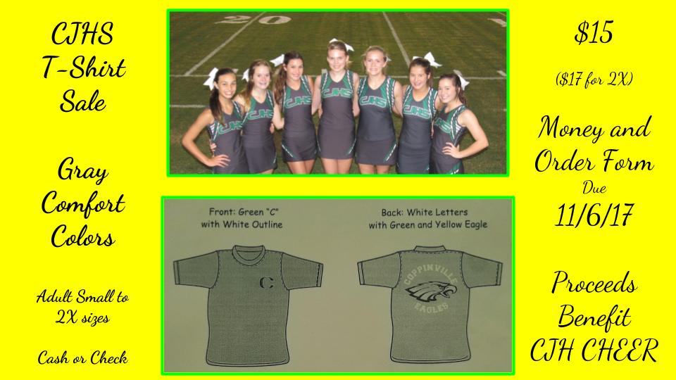 CoppinvilleJR's tweet photo. CJHS T-Shirt SALE! Now through 11/6. $15. All proceeds benefit the CJHS cheerleaders! #CJHCheer https://t.co/dQ3U8NnzcB