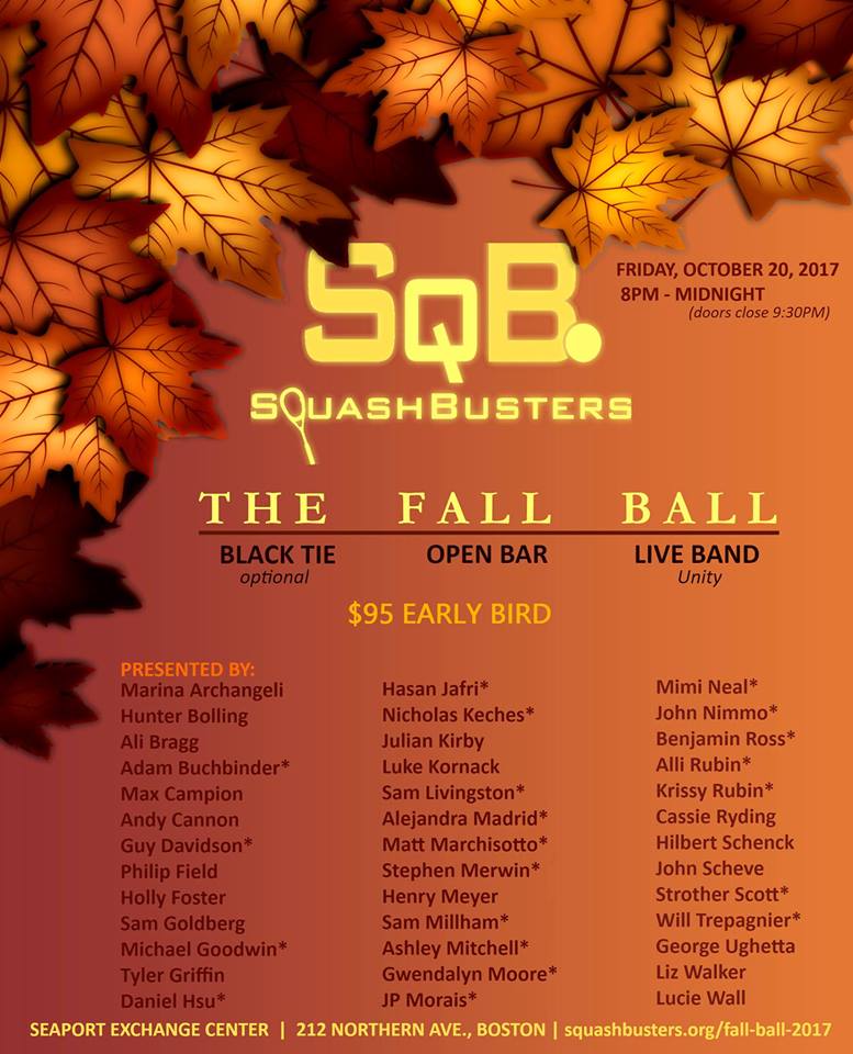 SquashBusters's tweet photo. Join the #SquashBusters YLC on 10/20, for 8th annual Fall Ball! Get your tix now - early bird pricing ends Thurs. 🍁🎉 https://t.co/EmZxmnxDmo https://t.co/FMVWkV6Lxz