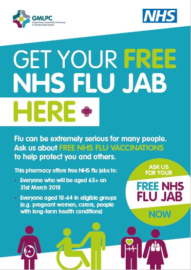 CPGreaterManc's tweet photo. Don't wait until #flu strikes before getting vaccinated. Head to pharmacy now for free NHS flu jabs for at-risk groups &amp; carers! https://t.co/46TUwmTTbX