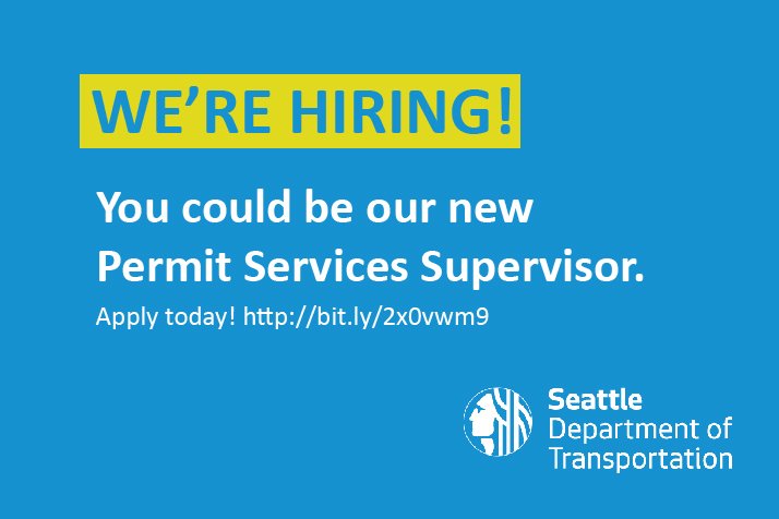 seattledot's tweet photo. SDOT IS HIRING! You could be our new Permit Services Supervisor.
Is this you? Know someone? #JoinSDOT
Apply today! https://t.co/XdtUopJJp0 https://t.co/AlKfByErSC