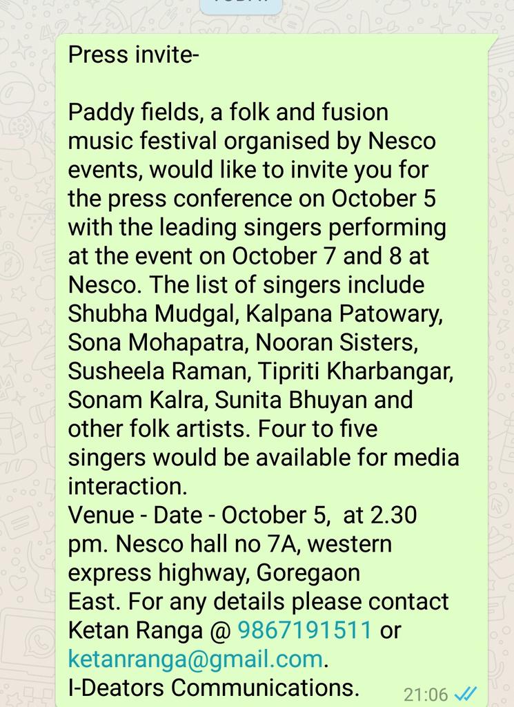 ketanranga's tweet image. Press conference for @PaddyFieldsFest on October 5, 2.30 pm at Neeco, Goregaon with leading singers..