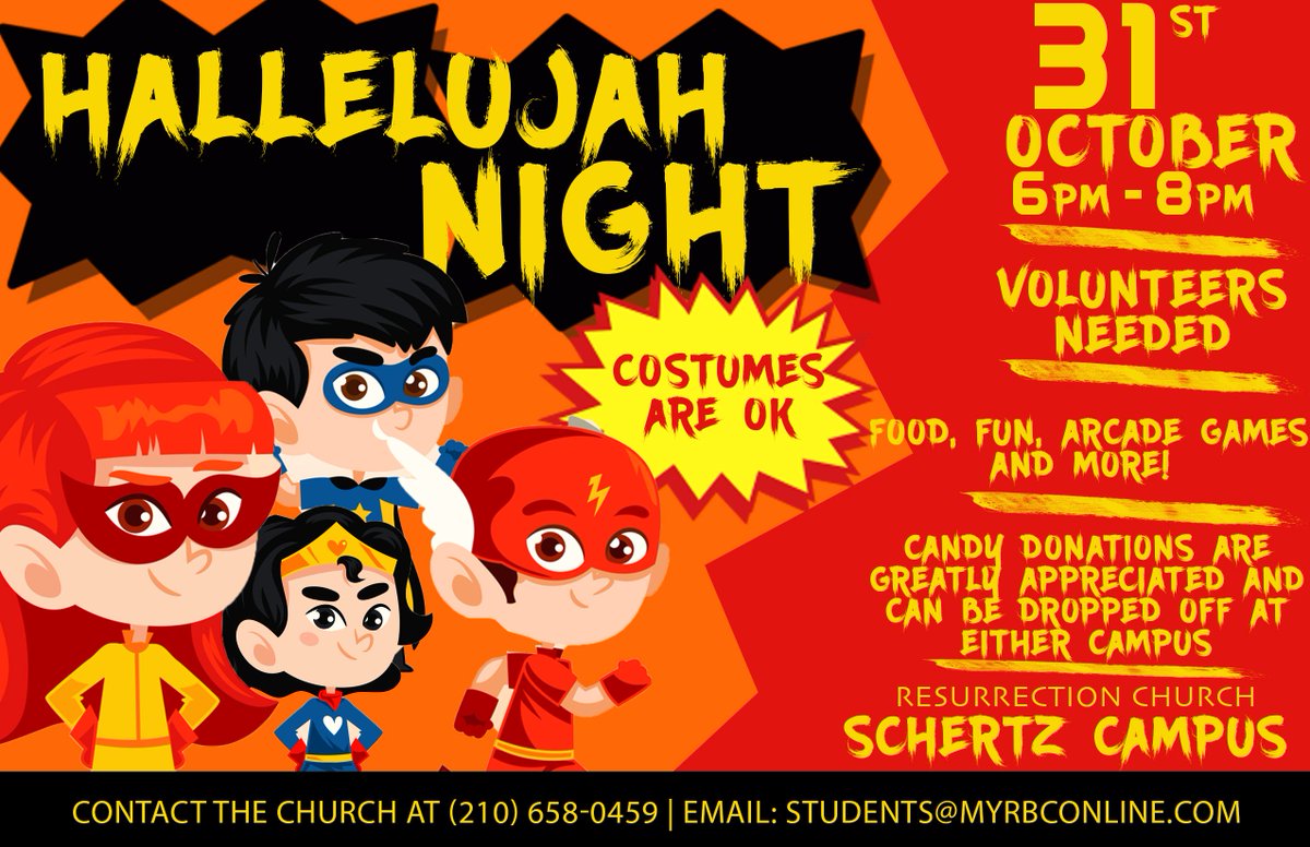 rez_studentmin's tweet image. Come out and join the #fun!!! #hallelujahnight is on Tuesday Oct 31st @ the Schertz campus. 6p -8p. Volunteers needed! #familyfun