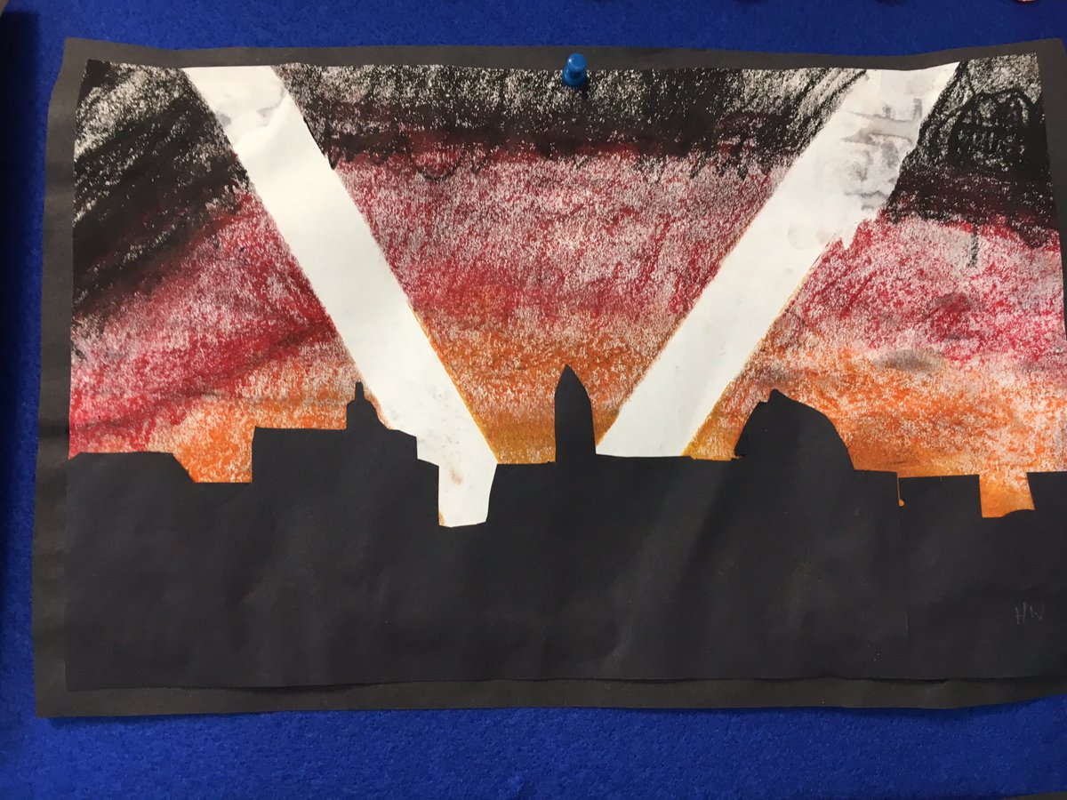 ysgolyddraig's tweet photo. Dramatic and vibrant - #hafren create Blitz sillhouette landscapes using oil pastels #achildswar @Cornerstonesedu #expressive #humantities https://t.co/DIGLb16lEO