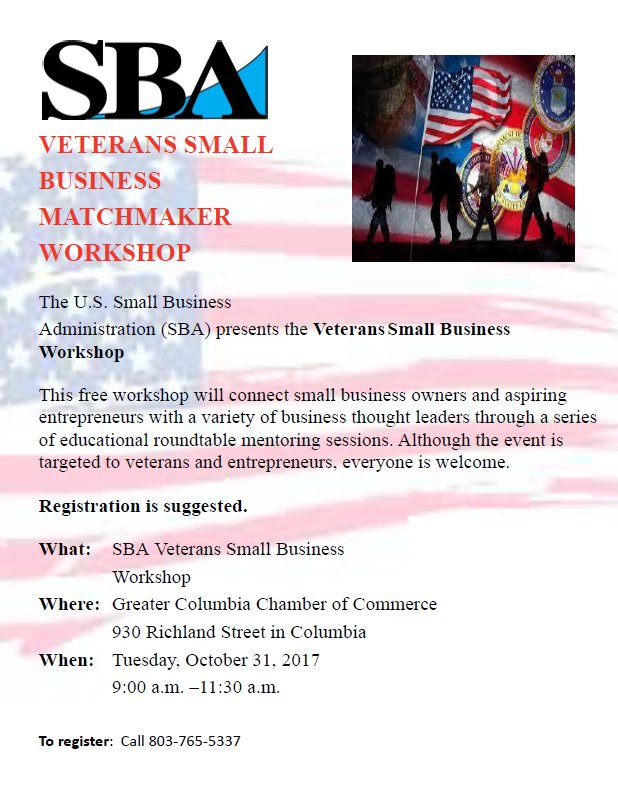GeorgiaVBOC's tweet photo. Do you live in or around Columbia, SC? The U.S. SBA presents the Veterans Small Business Workshop on October 31!  Register at 803-765-5337. https://t.co/LHqtTlLFl0