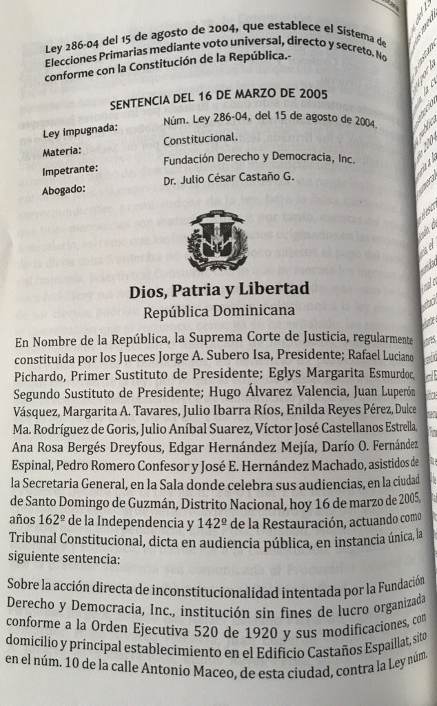 JulissaCes's tweet photo. Sentencia 2005, de SCJ, sobreLey 286-04,inicio debate sobre legalidad primarias abiertas.Beneficioso que el abogado fué el actual Pte.JCE... https://t.co/Fy6Kmlswkh
