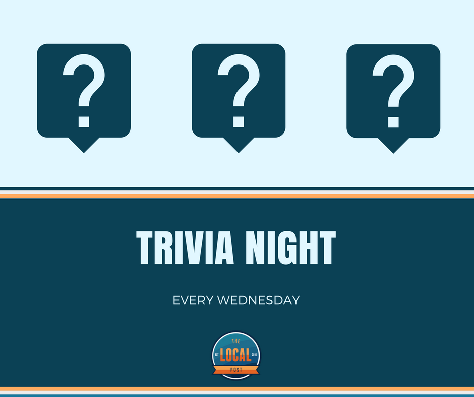 thelocalpostpub's tweet photo. Do you have a lot of random knowledge? Put it to good use and win some prizes for TRIVIA NIGHT! Free to play beginning at 8pm 🎉 https://t.co/lJAk4viO90