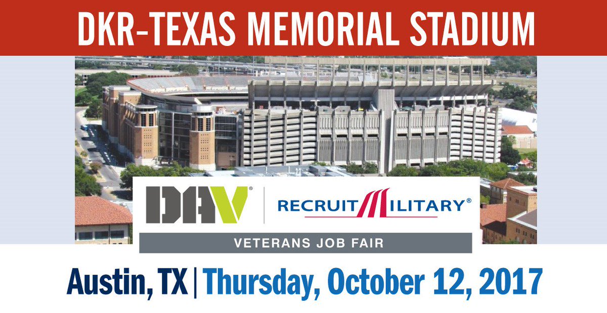 TheChrisCravens's tweet photo. DAV @RecruitMilitary #Austin #Veterans Job Fair on October 12th at DKR - Texas Memorial Stadium. - https://t.co/SKjzz9NjRM https://t.co/KygrDeDply