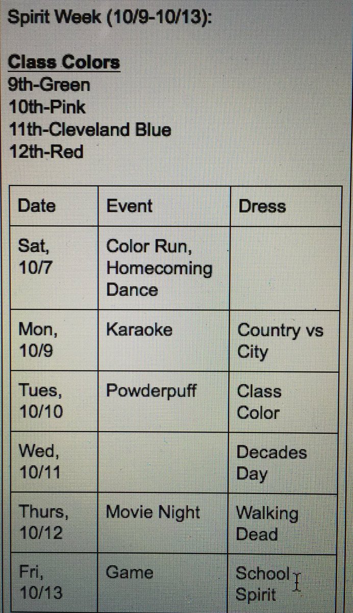 Also, SPIRIT WEEK is NEXT week! Here are the class colors/ spirit days/ and events we have going on! Dress up for school and join us after!