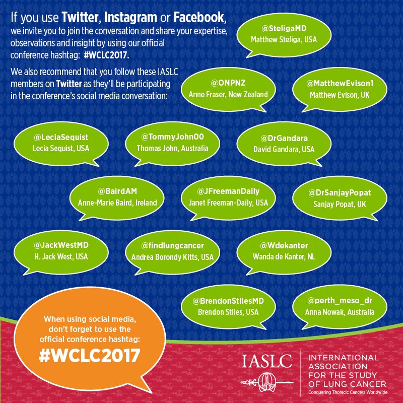 IASLC's tweet photo. Join the conversation! Be sure to follow these featured social media voices at the upcoming #WCLC2017. #LCSM https://t.co/dBukuDHjBq