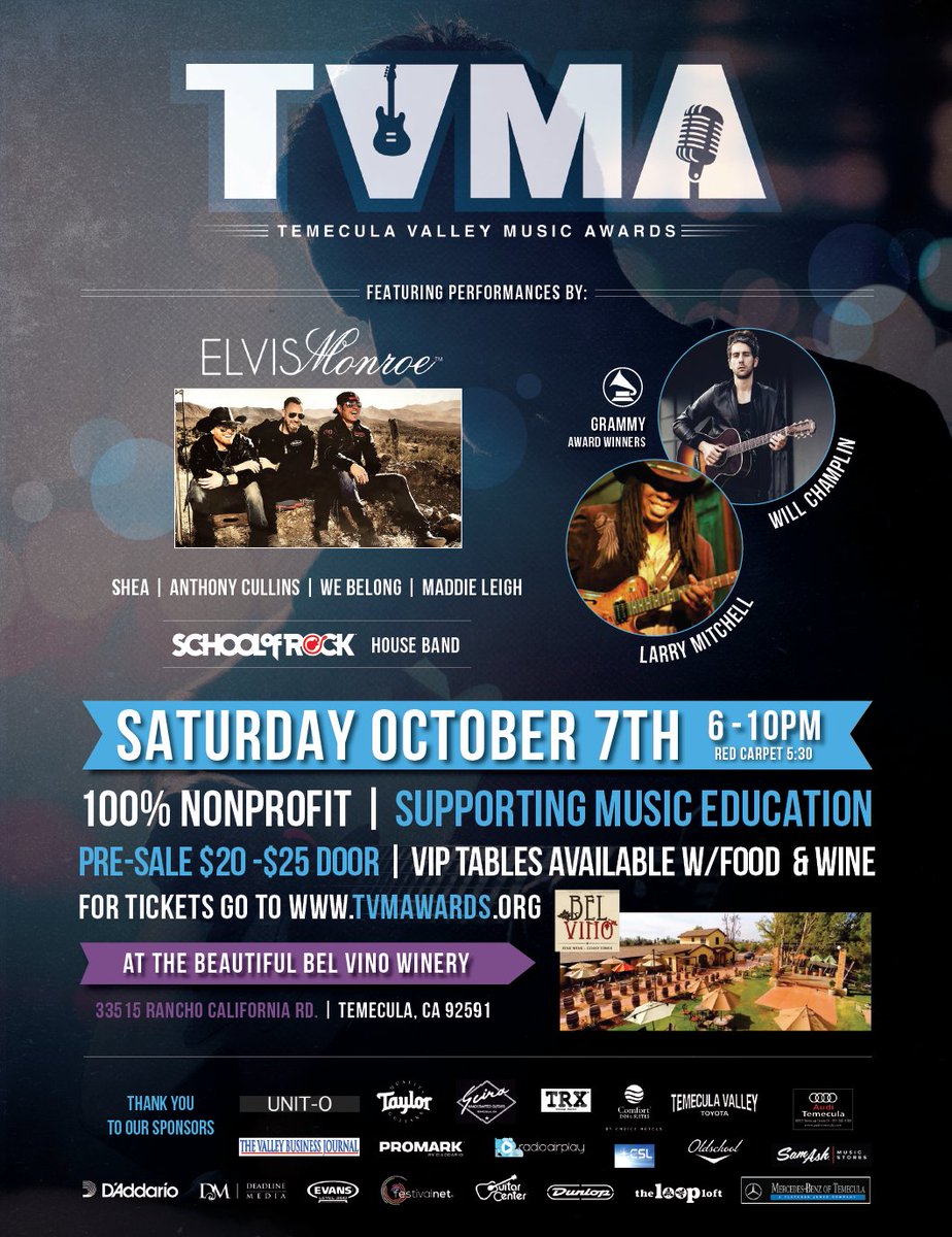 The Temecula Valley Music Awards are this Saturday, Oct. 7th at <a href="/BelVinoWinery/">Bel Vino Winery</a>. Get tickets at tvmawards.org