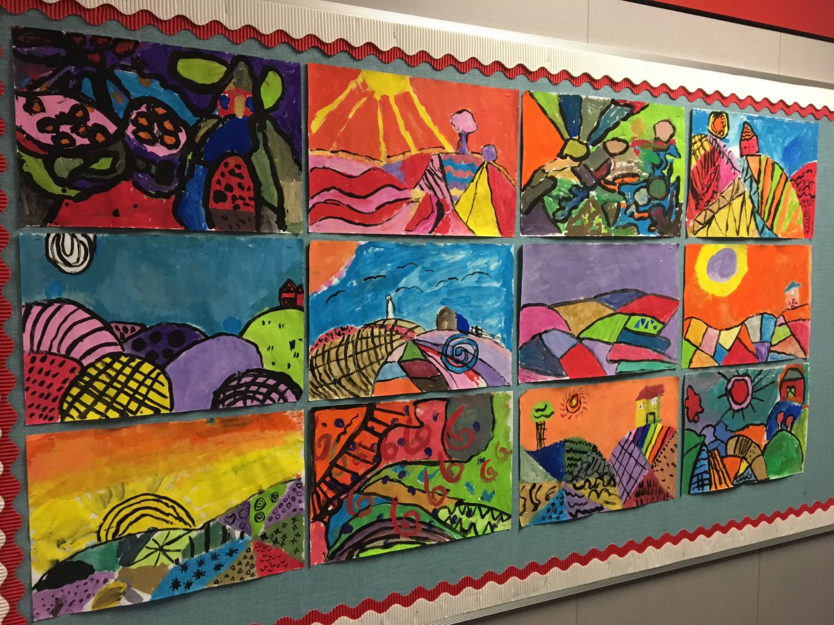 DouglasKbenart's tweet photo. Folk art landscapes by third grade...so colorful! #Bearshine @BennettBears https://t.co/5wUdntr9md