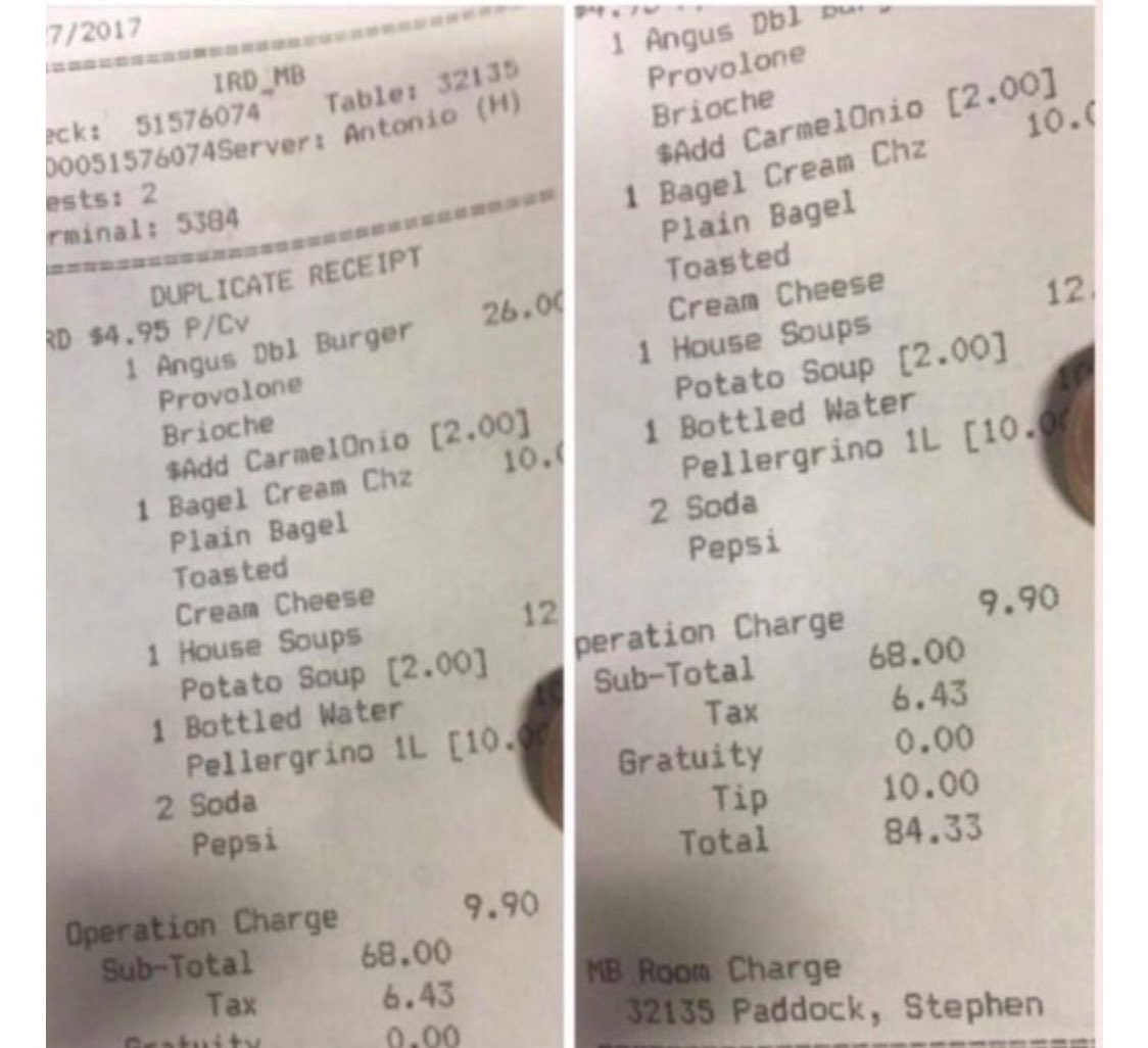 More lies revealed: Paddock's room service receipt pre-dates claimed check in