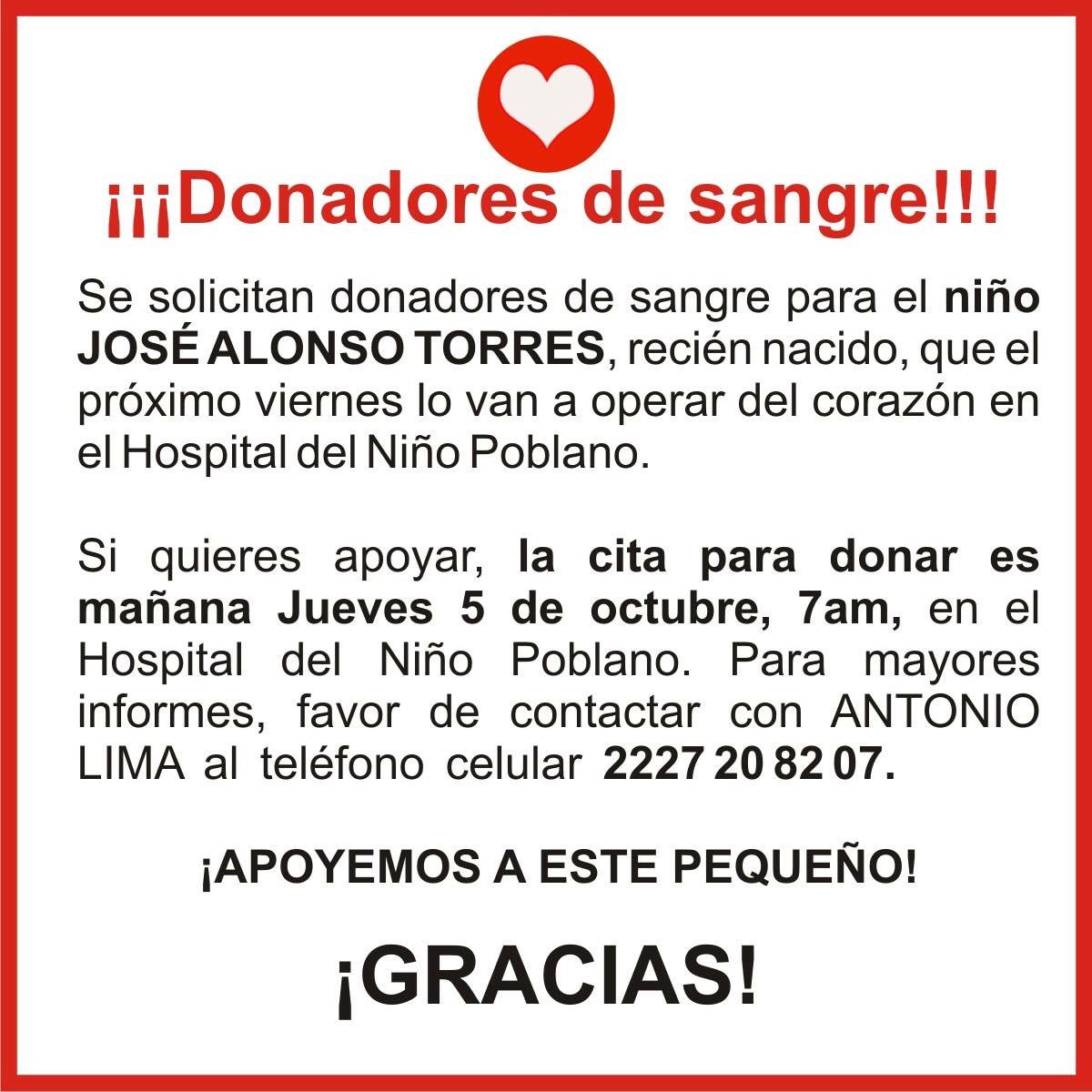 CreaFelicidadAC's tweet photo. ¡Tú puedes hacer la diferencia!
Se solicitan donadores de sangre (cualquier tipo) para el niño José Alonso. Contacta: 2227 20 82 07 https://t.co/dCp4jBegZr