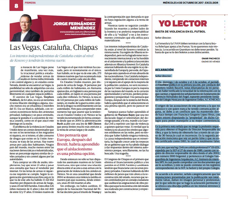 JManuelGamino's tweet photo. Esta es la nota aclaratoria que publica @Excelsior en su pag.8 sobre las difamaciones de que fui objeto en primera plana el día 2 de octubre https://t.co/4v8e7VB1Up