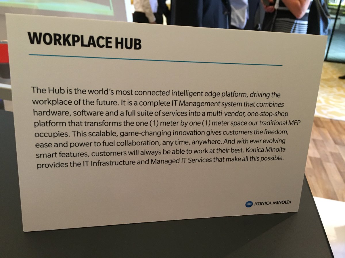HoskinsKC's tweet photo. Konica Minolta's coming Workplace Hub & Edge are front & center here at #KMFutuREady. Game changers? We'll see. @BTA_ORG https://t.co/ufanIZnKDJ