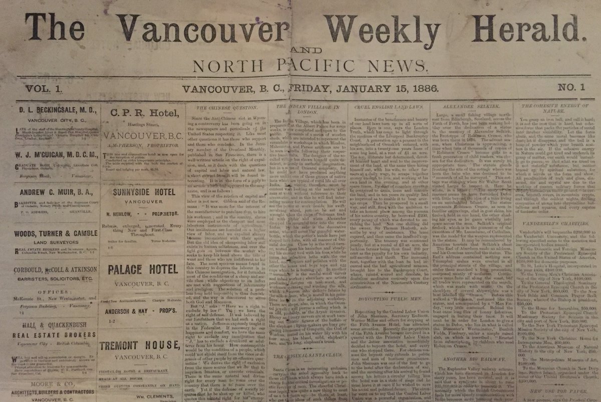 vrbppShow's tweet photo. Only known surviving copy, 1st issue of Vancouver newspaper Jan. 15, 1886. Offered by S. Lunsford at vrbppshow.ca #vrbppShow #ephemera https://t.co/LM5zJDXxGJ