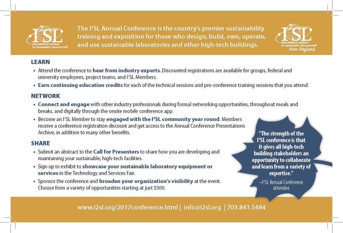 Join us in Boston on October 15-18 for the #I2SL Annual Conference! #Sustainability #Laboratories