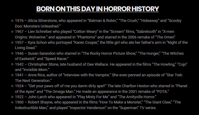 PlentyDreadful's tweet photo. #TodayInHorror - Actors/actresses, writers/directors etc. born October 4th. #Birthdays #Horror (credit: https://t.co/xT1GJUJ6W3) https://t.co/szQPwZbIH0
