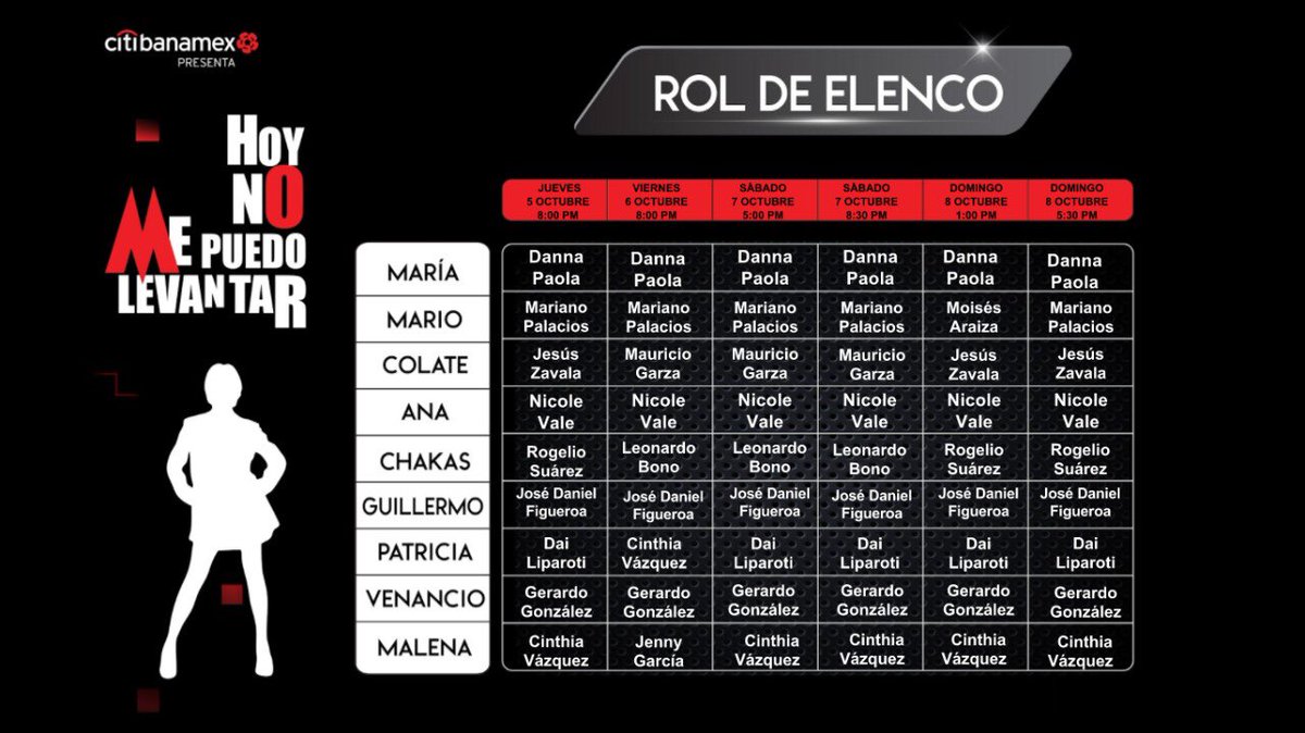 Vaselina_Mexico's tweet photo. Les compartimos el rol de elenco de este fin de semana. ❤️🖤 
¡No te pierdas Hoy No Me Puedo Levantar en el Teatro Aldama! https://t.co/bvEMK6GTXU