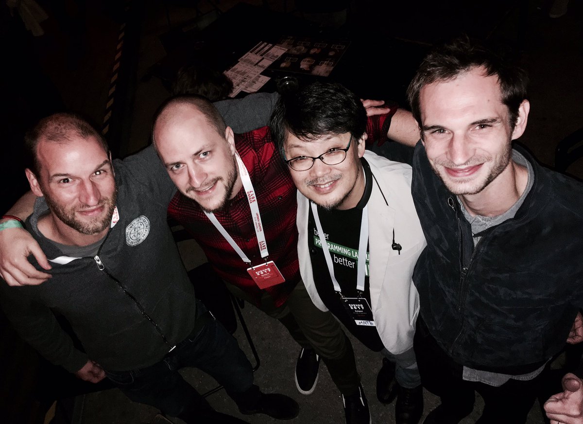 hugovhx's tweet photo. We had a great time in Budapest at #EuRuKo2017 with the @Keycoopt #Ruby team... and @yukihiro_matz ! Thank you :) #MINSWAN https://t.co/EcpwHw7O2N