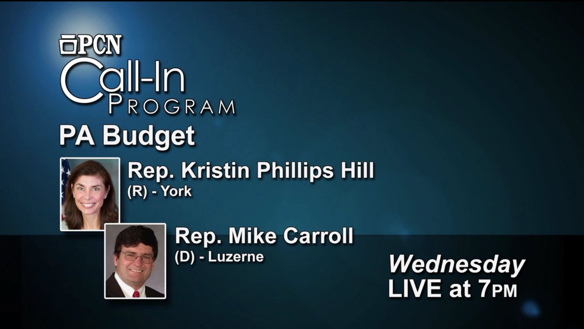 pcntv's tweet photo. Less than one hour until the LIVE PCN Call-In Program! Guests @repkristin and #RepMikeCarroll will answer your questions about the #PABudget https://t.co/iapBJ0tqYh