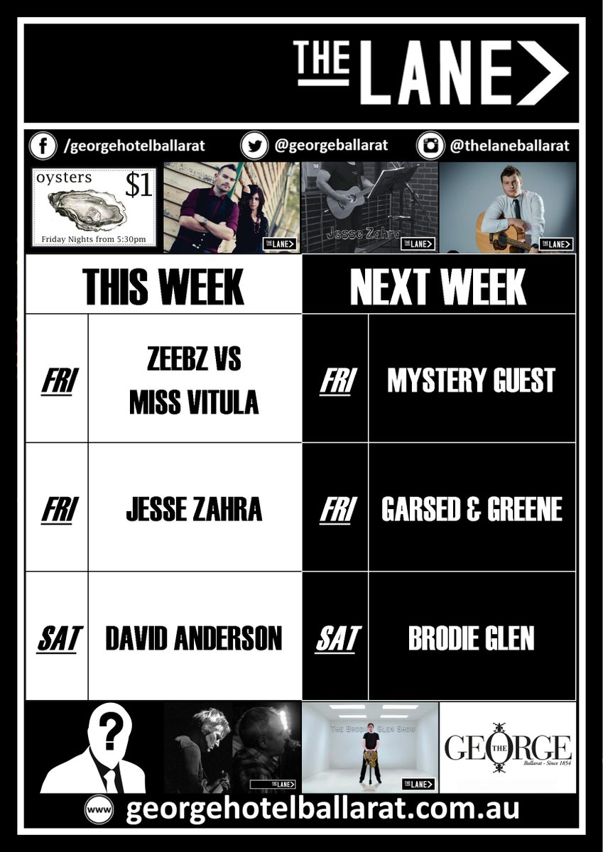 Live Music at The Lane this weekend!
#ZeebzvsMissVitula
#JesseZahra
#DavidAnderson