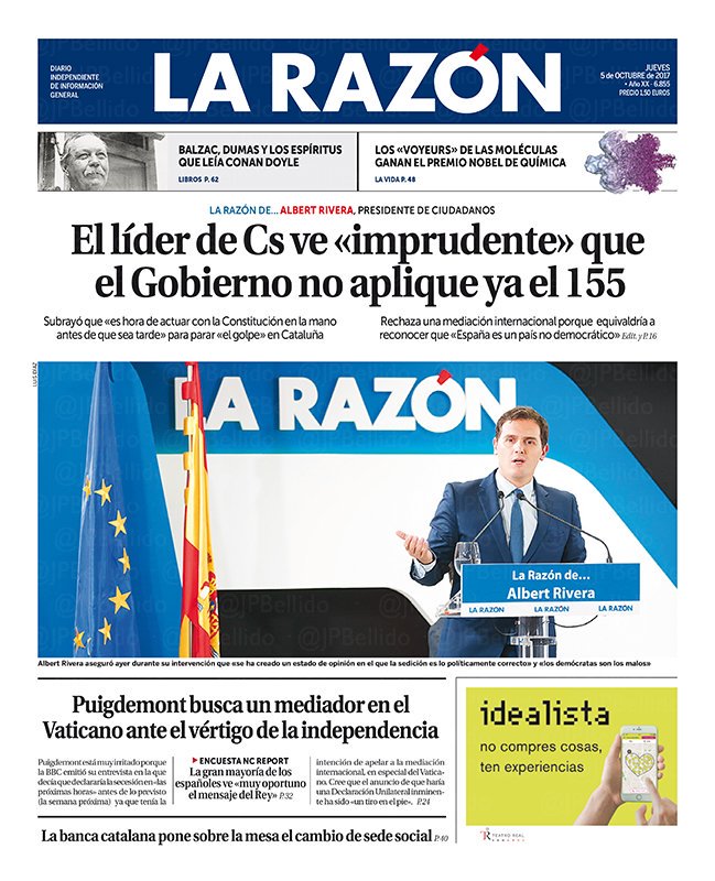 hectorgeta's tweet photo. Portada de mañana en La Razón:
.@Albert_Rivera, líder de @CiudadanosCs, ve "imprudente que el gobierno no aplique ya el 155.
#RiveraLR https://t.co/76GxM2oo8i
