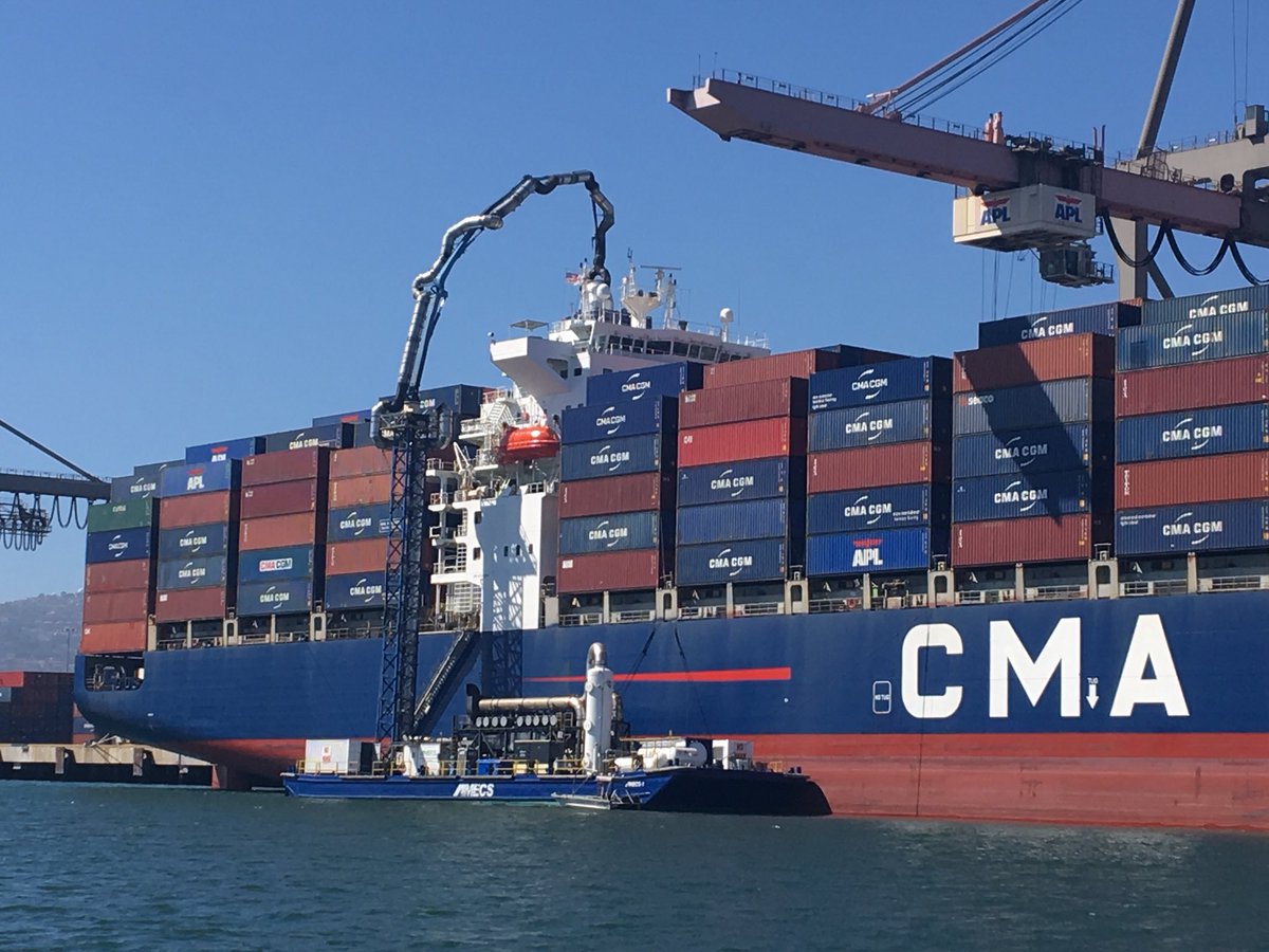PortofLA's tweet photo. Blue skies and clean air: emissions control technology in use at the #PortofLA. #AMECS https://t.co/Xx7Vj9wXWv