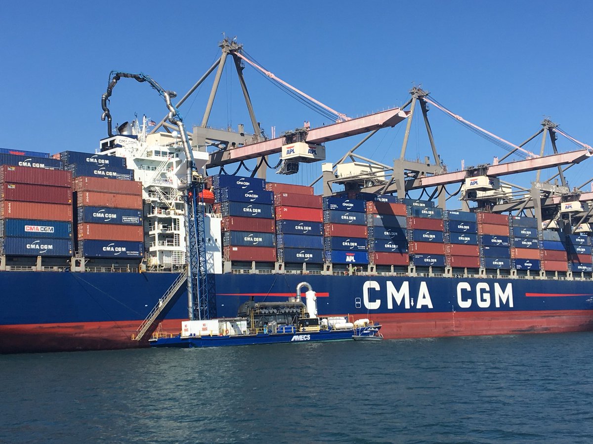 PortofLA's tweet photo. Blue skies and clean air: emissions control technology in use at the #PortofLA. #AMECS https://t.co/Xx7Vj9wXWv