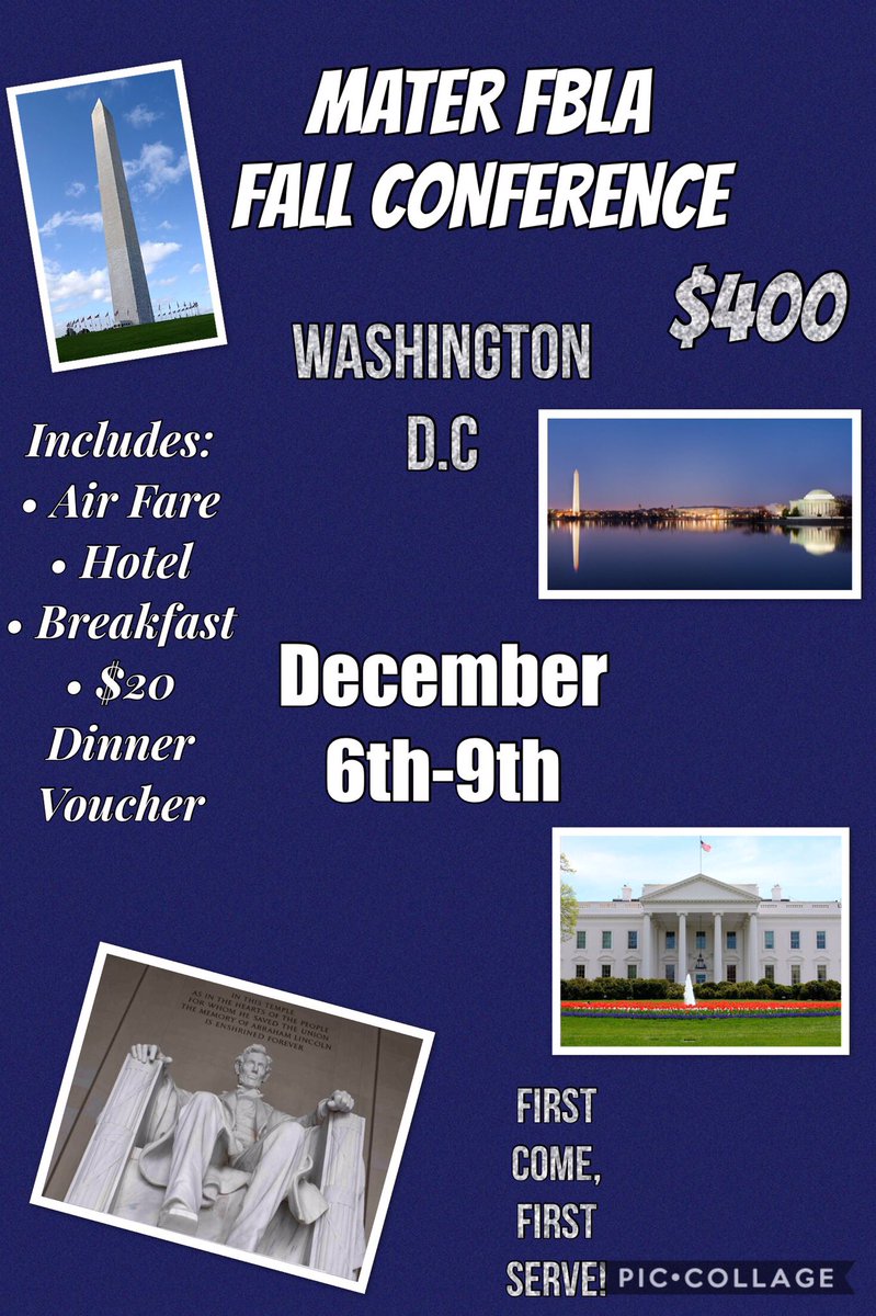 MaterFBLA's tweet photo. Mater FBLA will be attending the Fall Conference in Washington D.C. There are 24 spots open as of now, you must make a $100 deposit to save your spot. The payment plan from there on will be $60 every Friday to Mrs. Benitez or Mr. Perez. Remember it is first come first serve! ✨💙 https://t.co/2VDPt34zVu