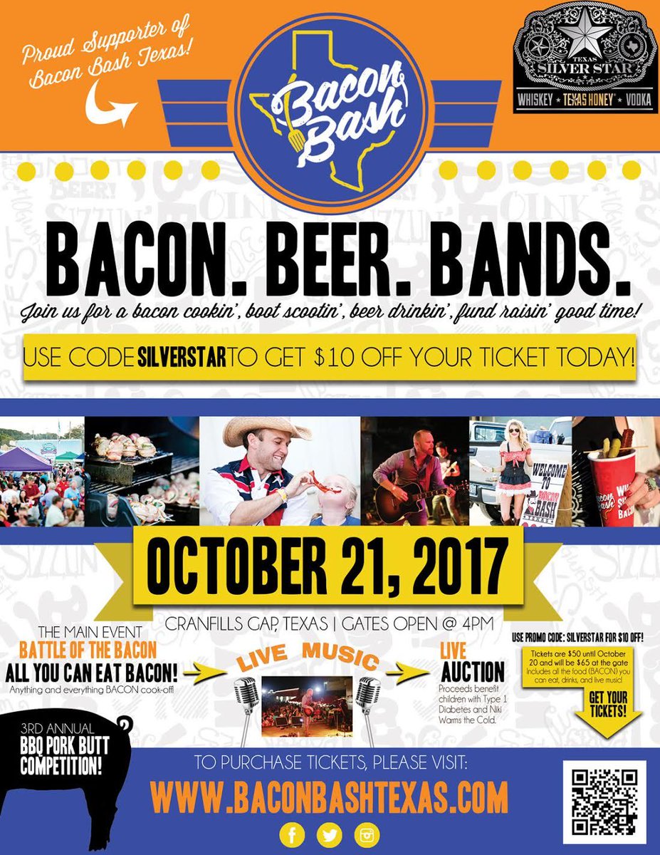 TexasStarWhisky's tweet photo. Silver Star Whiskey is a proud supporter of @BaconBashTexas! Don't forget to use promo code #SilverStar to get $10 off your ticket! #BBT17 https://t.co/tY4vrPNE0y