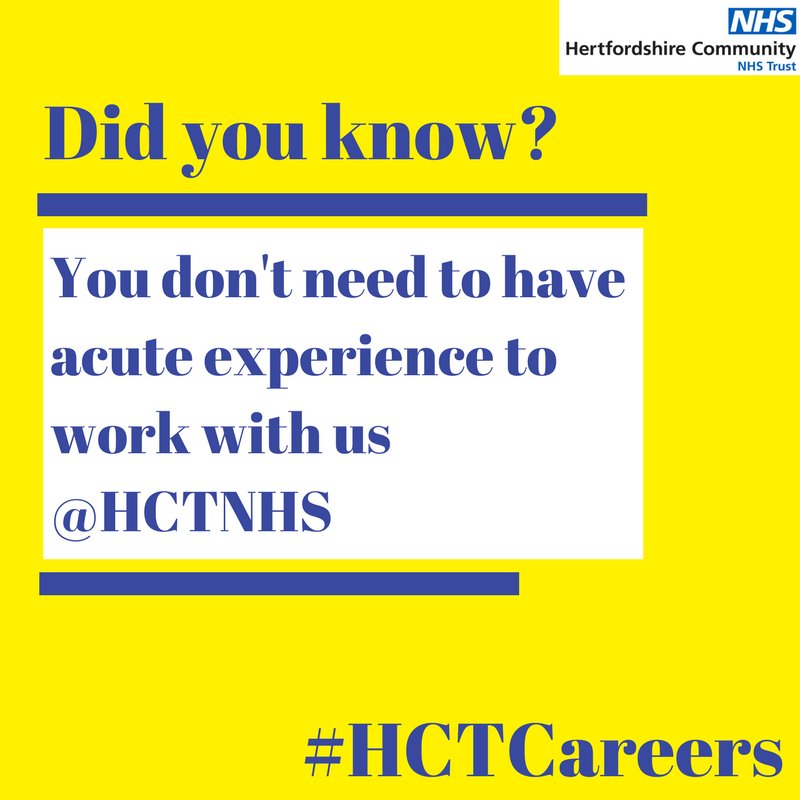 Hertfordshire Community NHS Trust (@hctnhs) on Twitter photo For #nursing jobs in the community visit jobs.hct.nhs.uk
#HCTCareers you don’t need to have acute experience to work with us <a href="/HCTNHS/">Hertfordshire Community NHS Trust</a> For #nursing jobs in the community visit jobs.hct.nhs.uk
#HCTCareers you don’t need to have acute experience to work with us <a href="/HCTNHS/">Hertfordshire Community NHS Trust</a>