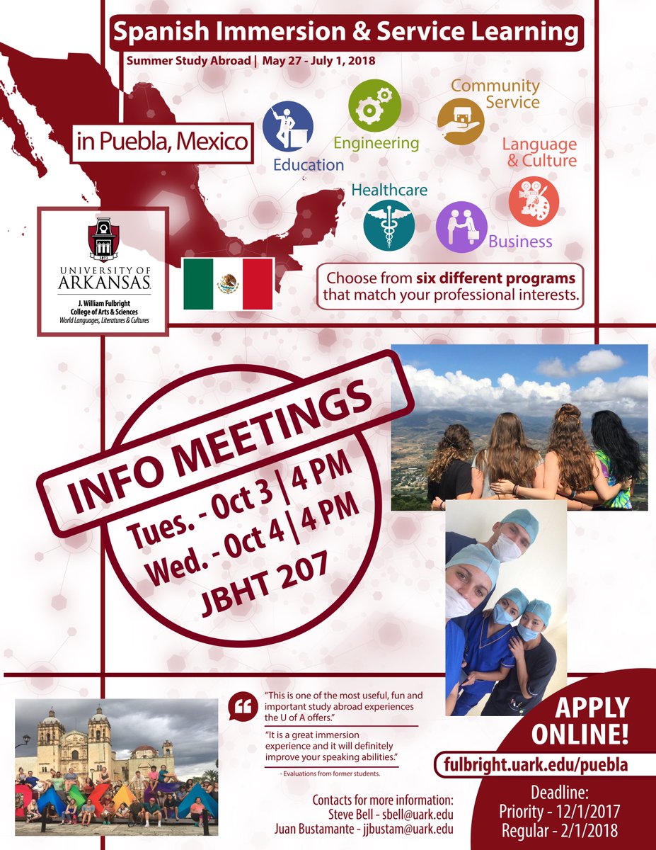 UARKstudyabroad's tweet image. Info session today at 4pm on our #UARK faculty-led program in Puebla, Mexico! To apply: ow.ly/dZPY30fwL82 #HogsAbroad