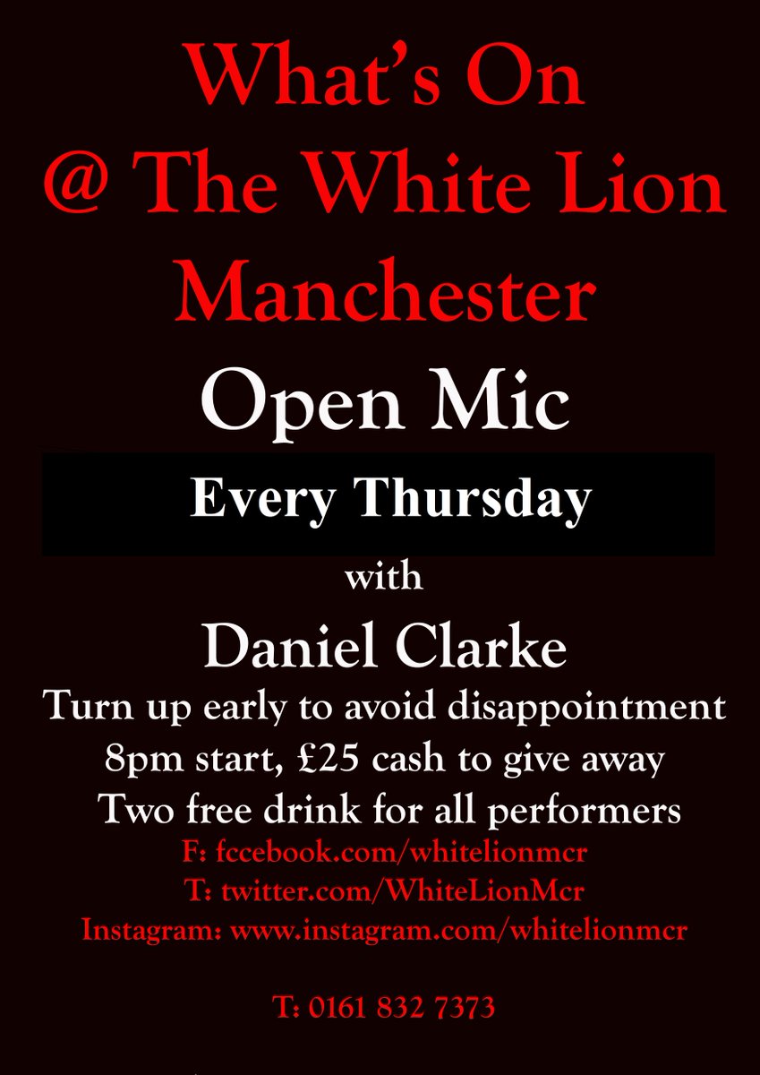 ManchesterLEC's tweet photo. Open Mic 7pm Every Thursday with #DanielClark @WhiteLionMCR, Castlefield, #Manchester. £25 to give away 2 free drinks for all performers. https://t.co/GMvOmLtVwU