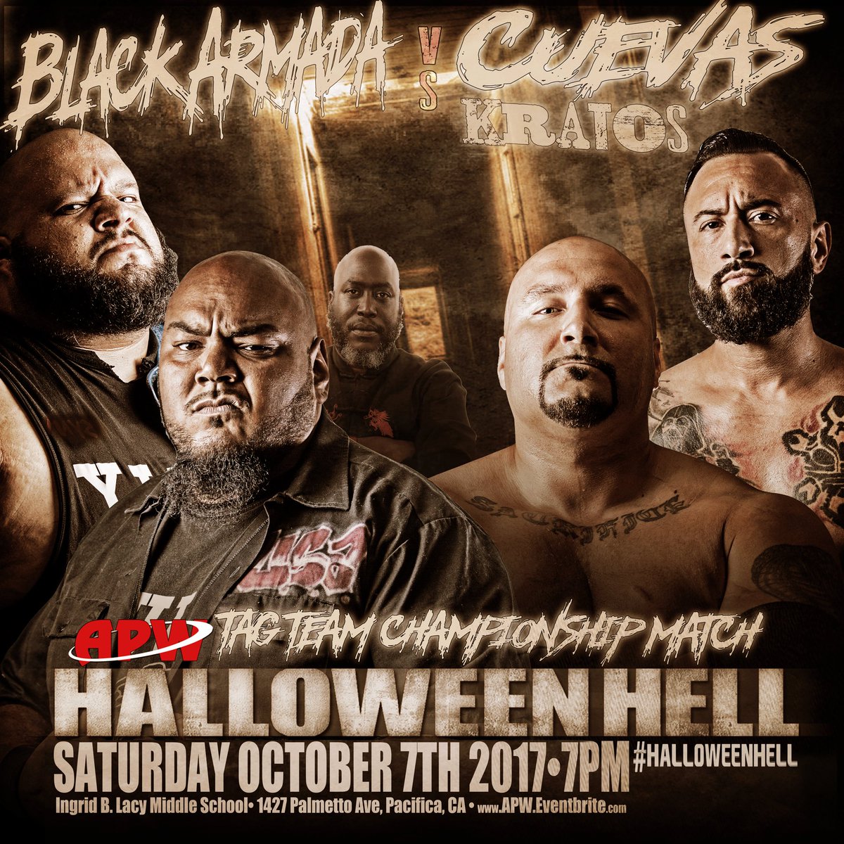 allprowrestling's tweet image. TAG TITLE BOUT this SATURDAY in PACIFICA! BLACK ARMADA vs KRATOS &amp;amp; CUEVAS #HalloweenHell!
apw.eventbrite.com