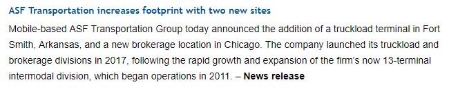 ASFIntermodal's tweet image. Thanks to @BusinessAlabama for covering ASF Transportation's new Fort Smith truckload terminal &amp;amp; Chicago brokerage businessalabama.com/Business-Alaba…