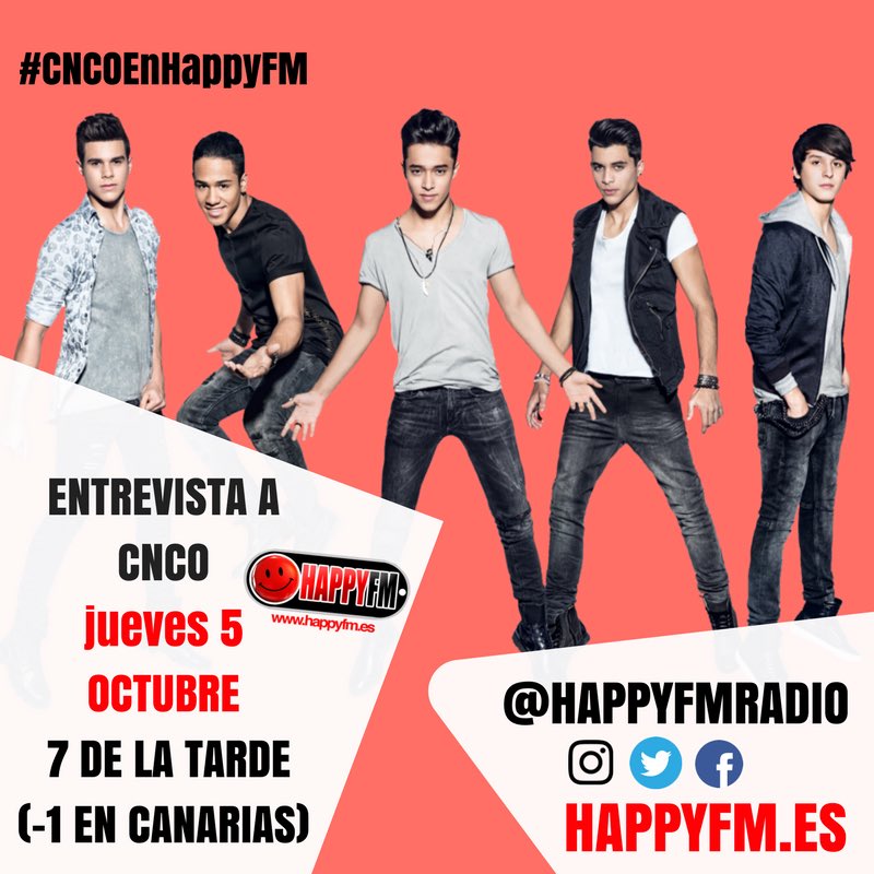 HAPPYFMRADIO's tweet photo. Boom 💥Mañana @NachoMolinaFm y @LauraHdezFM entrevistarán a @CNCOmusic a las 7 de la tarde (-1 Canarias) Hazles tus preguntas #CNCOenHappyFM https://t.co/SCLITOx8qU
