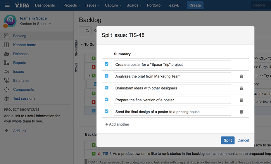 Jira's tweet photo. Issue estimation just got easier. You can now split issues into two or more &amp; assign new estimates. Read on: https://t.co/raZpLraCCy https://t.co/rgoptoJSZW