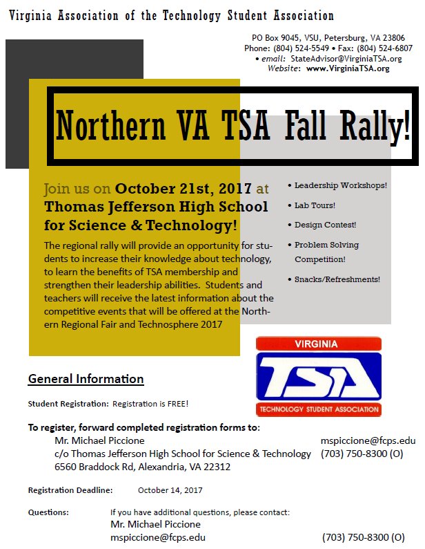 <a href="/VirginiaTSA/">Virginia TSA</a> Northern Region Officers invite you to participate at the Fall Rally, Sat. Oct. 21 <a href="/TJColonials/">Thomas Jefferson HS</a>

drive.google.com/file/d/0B8e3w2…