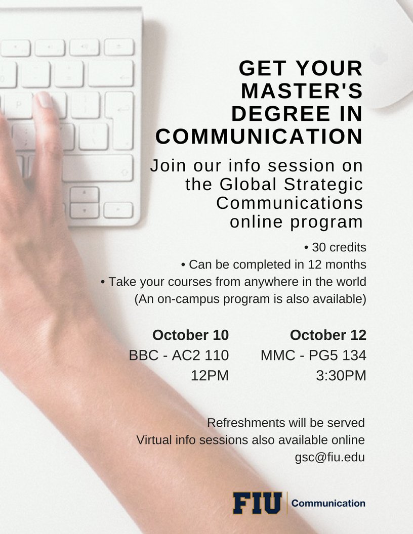 FIU_SCJ's tweet photo. Join us at an info session for Master's in Global Strategic Communications https://t.co/NPxRl7PZPn #fiu #fiuscj #fiummc #fiubbc #fiugsc #com https://t.co/gDtDYGhFVo