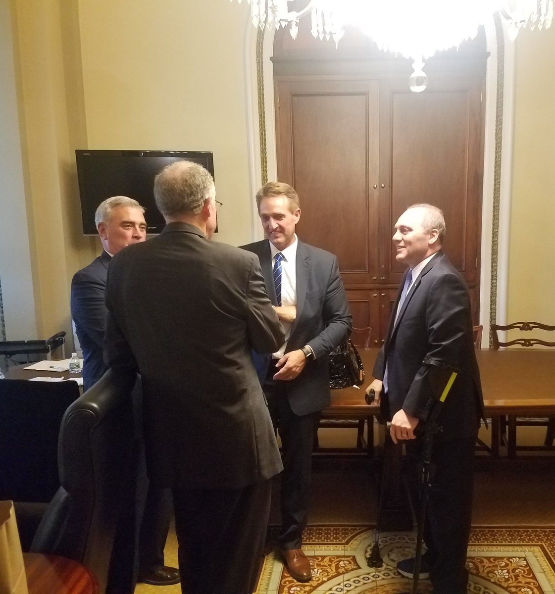 JeffFlake's tweet photo. Wonderful to be reunited with friends &amp; teammates @SteveScalise, @RepBradWenstrup &amp; @ConawayTX11. It's a moment I'll never forget. If you're in #AZ, tune into @FoxNews at 4pm TODAY to watch our first joint-interview with @marthamaccallum https://t.co/S5RqZQTAIr