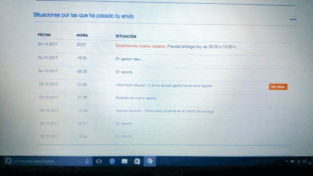 ManuSanCa's tweet photo. @AmazonHelp tenía que recibir un pedido esta mañana entre las 12 y las 15h y aun sigo esperando. En el seguimiento de repente vuelve a Seur https://t.co/YzigSMzXX1