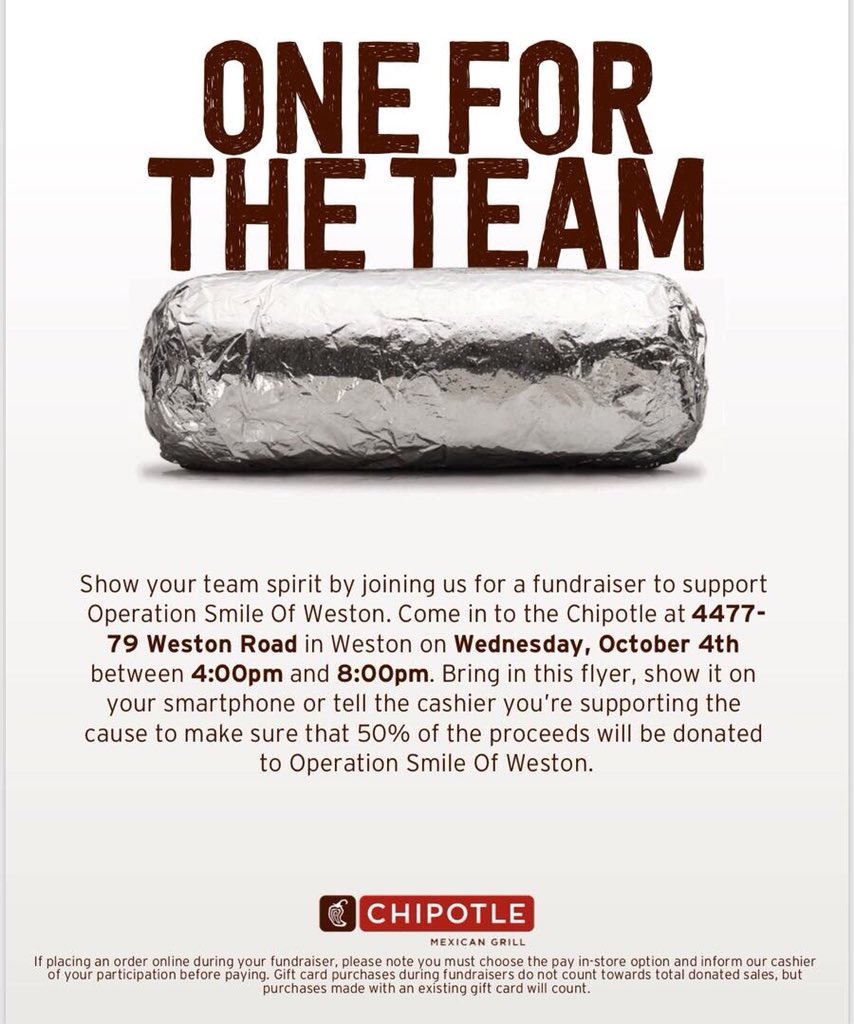 opsofweston's tweet image. Come to chipotle on weston road from 4-8 today and 50% of your purchase will be donated to operation smiles of weston! Come out and support!