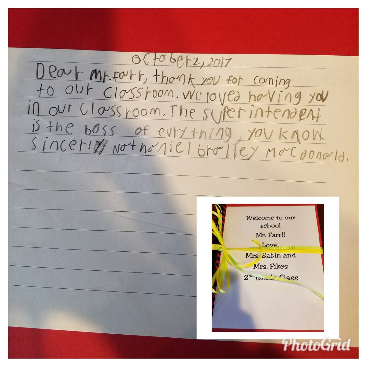 SuptFarr's tweet photo. An excerpt - Thoughtful gift from a PES classroom (can't wait 2 tell my wife #BossOfEverything). Lots of Q's in this book-I'll answer soon. https://t.co/w67tqyanwZ