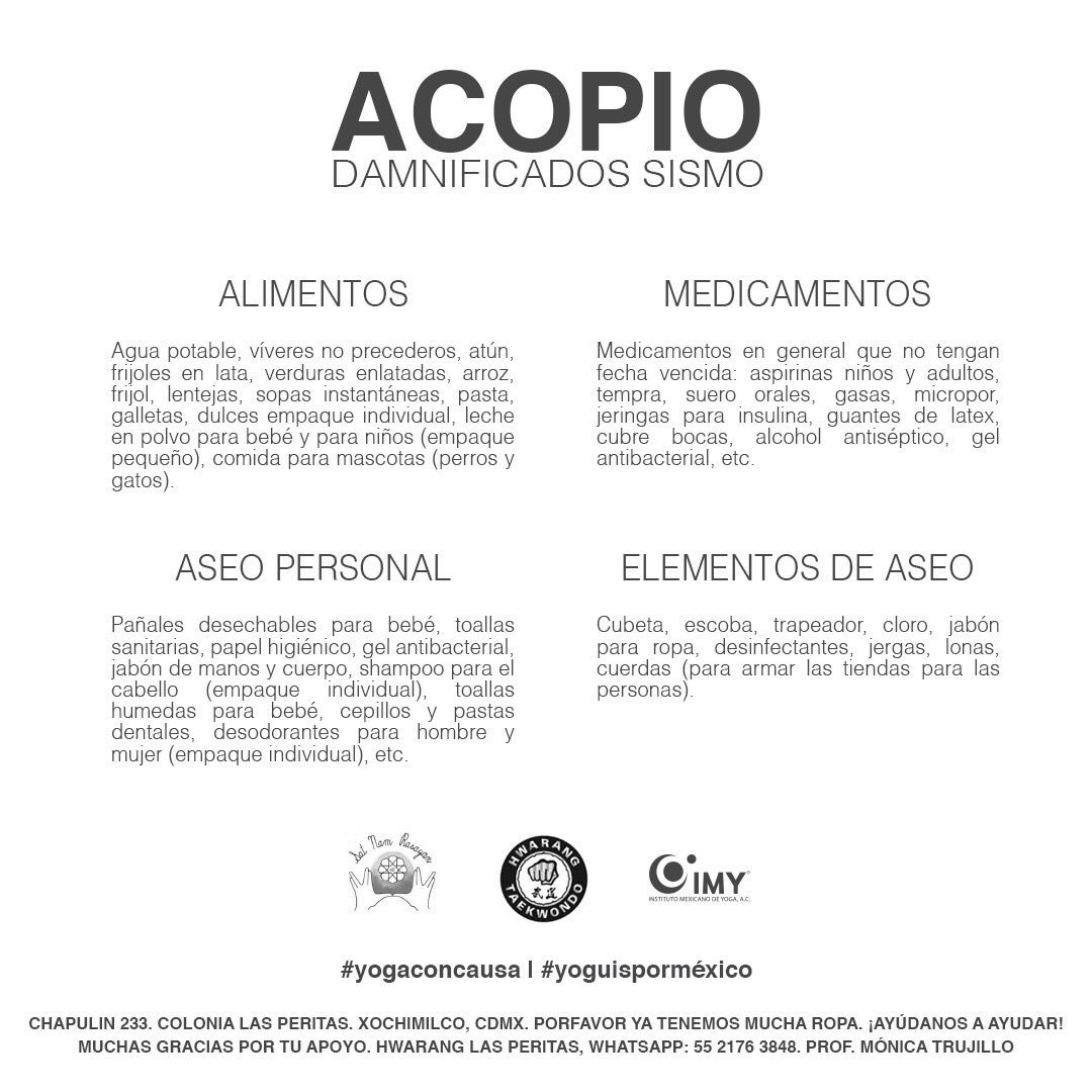 Hicimos una investigación sobre lo que se requiere en Xochimilco y acá está la lista. Muchas gracias por su ayuda.