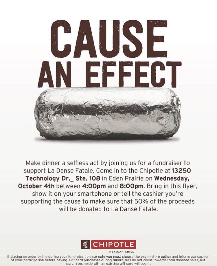 ladansefataleco's tweet photo. Come support our non-profit ballet company at EP Chipotle tonight 4-8pm!❤️ Mention La Danse Fatale or show this flyer at the cashier https://t.co/UxUd0fXIzj