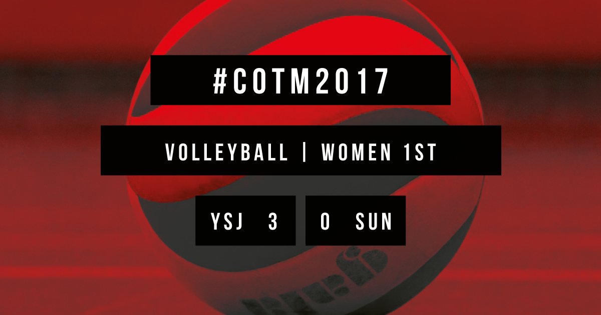 YSJSU's tweet photo. FINAL SCORE | Volleyball Women's 1st | YSJ 3 - SUN 0 #COTM2017 https://t.co/bbVCBwsBSN