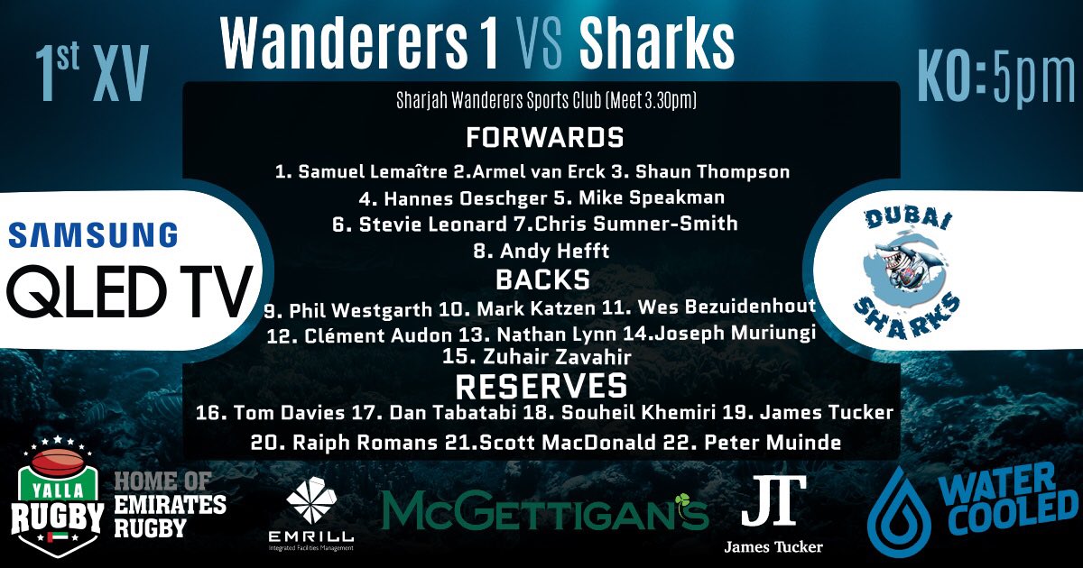 DubaiSharksRFC's tweet photo. Team sheet is out!!! Supporters to Sharjah Wanderers RFC for beer and shouts!!! #proud2beashark #dubaisharksrfc #herewegosharks #dubaisharks https://t.co/ECuUX7Y2P5