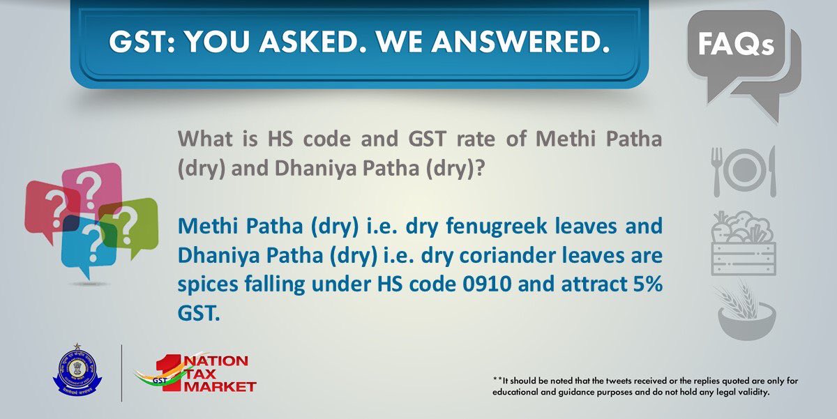 askGST_GoI's tweet photo. What is HS Code and GST rate of Methi Patha (dry) and Dhaniya Patha (dry) ? #GSTSimplified #GSTFAQs https://t.co/T35TJpvluP