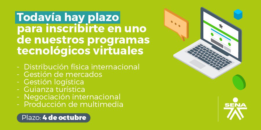 SENAComunica's tweet photo. ¿Qué esperas? Tienes hasta las 11:59 p.m de hoy para inscribirte a nuestra formación #SENAVirtual ➡️https://t.co/tDQpJDUt5E https://t.co/yZBv4JyrdM